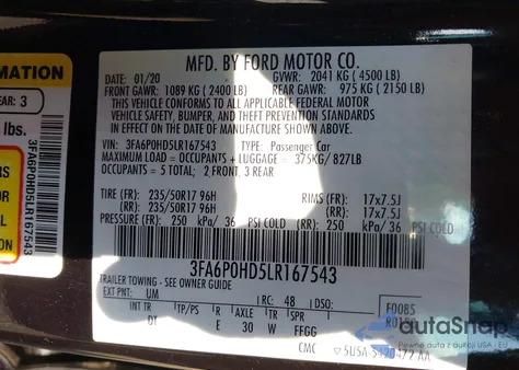 2020 Ford Fusion Se z USA, uszkodzony, nr VIN 3FA6P0HD5LR167543